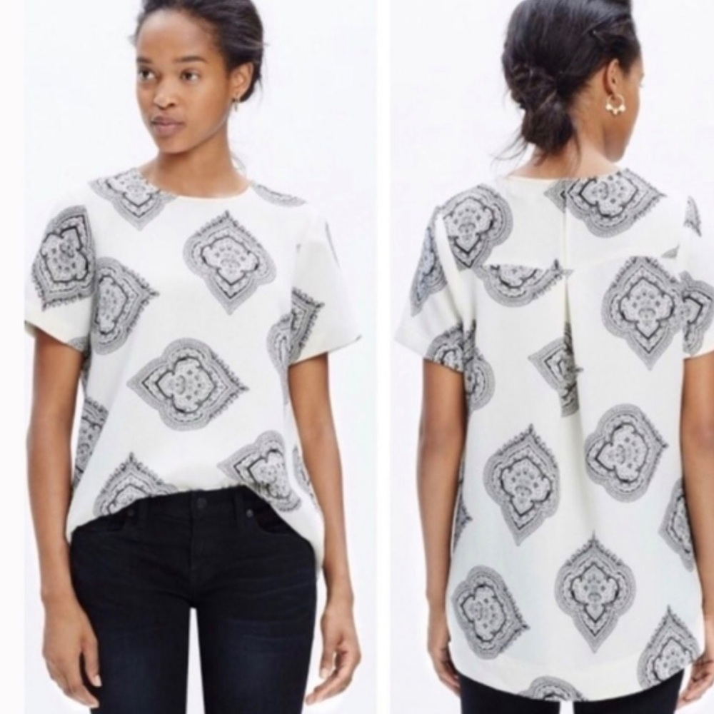 MADEWELL Estate Paisley Printed Tailored Short Sleeve White Black Blouse Top